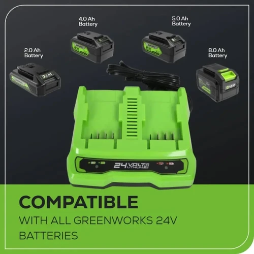 מטען כפול Greenworks 24V עם שני שקעי טעינה נפרדים, מחווני LED חכמים ותאימות לכל סוללות Greenworks 24V למעט סדרת Enhanced.