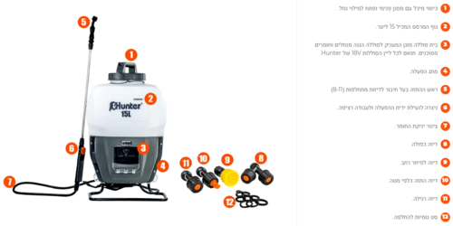 מרסס גב נטען 15 ליטר 18V + סוללה 2A + מטען - HUNTER