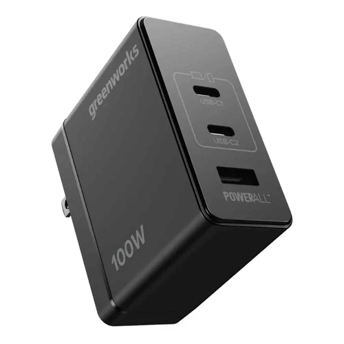 מטען USB-C מהיר Greenworks AP100EB 100W עם שתי יציאות USB-C ויציאת USB-A לטעינה סימולטנית של מחשבים ניידים, טאבלטים וסמארטפונים