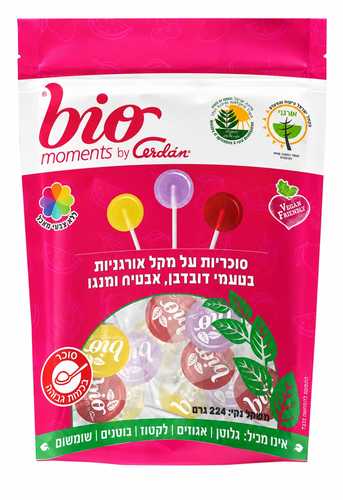 סוכריות על מקל אורגניות בטעמי דובדבן, אבטיח ומנגו bio