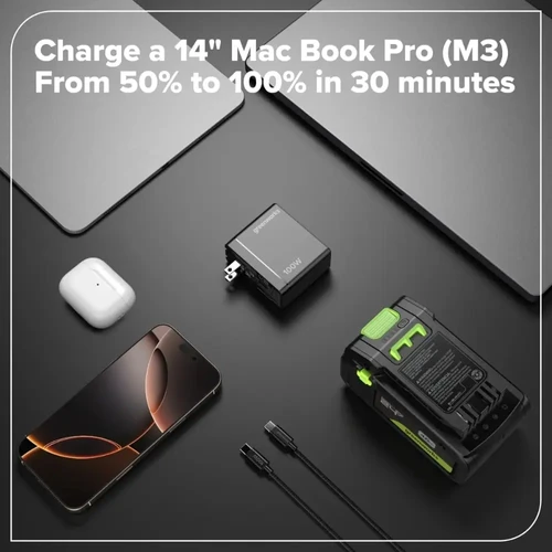 מטען USB-C מהיר Greenworks AP100EB המסוגל לטעון מחשבים ניידים, סמארטפונים, אוזניות וסוללות תואמות בעוצמה של עד 100W.