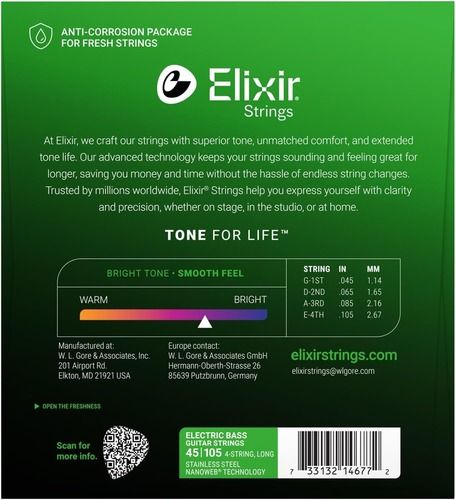 סט מיתרים לבס ELIXIR 14677 NANOWEB STAINLESS STEEL 45-105