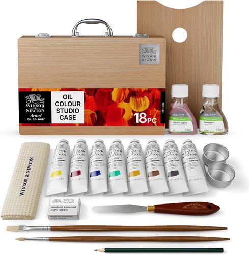מזוודת עץ של צבעי שמן ואביזרים ARTISTS OIL SET
