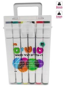 מארז 24 טושים אקרילים דו-צדדים (צד עדין / צד רחב) לשימוש על מגוון משטחים