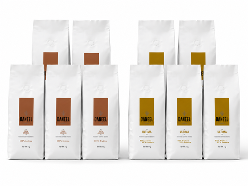 מארז 10 ק״ג פולי קפה Daneel | 5 ק״ג 100% Arabica + 5 ק״ג Ultima 80% Arabica