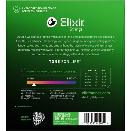 סט 5 מיתרים לבס ELIXIR 14782 NANO STAINLESS STEEL 45-135