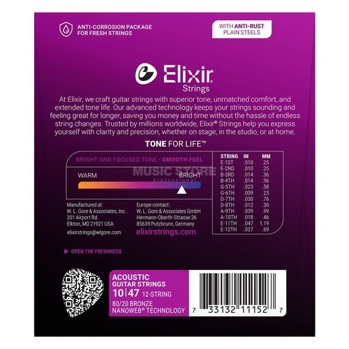 סט לאקוסטית 12 מיתרים 10-47 ELIXIR NANOWEB  11152