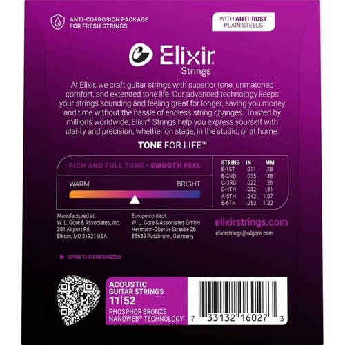 סט מיתרים לאקוסטית ELIXIR NANO Phosphor Bronze 16027 11-52
