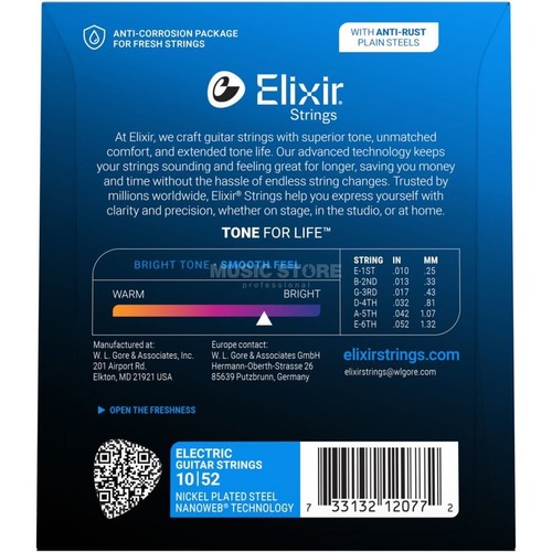 סט מיתרים לחשמלית ELIXIR 12077 NANOWEB 10-52