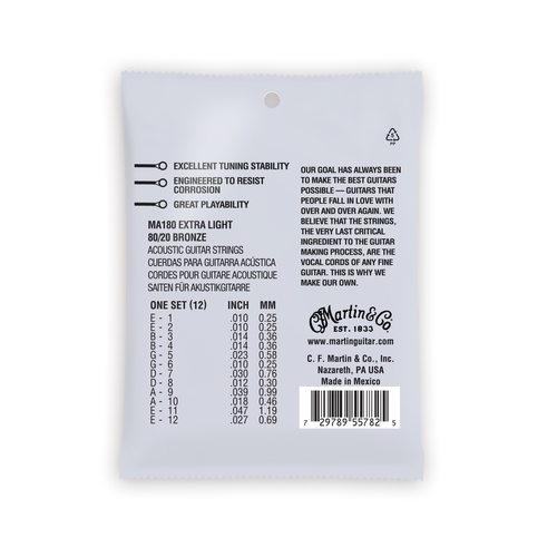 סט מיתרים 12 מיתרים 0.10 לאקוסטית MARTIN MA180 AUTHENTIC SP
