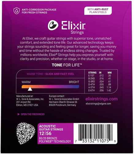 סט מיתרים לאקוסטית ELIXIR POLYWEB Light/Medium 11075 12-56