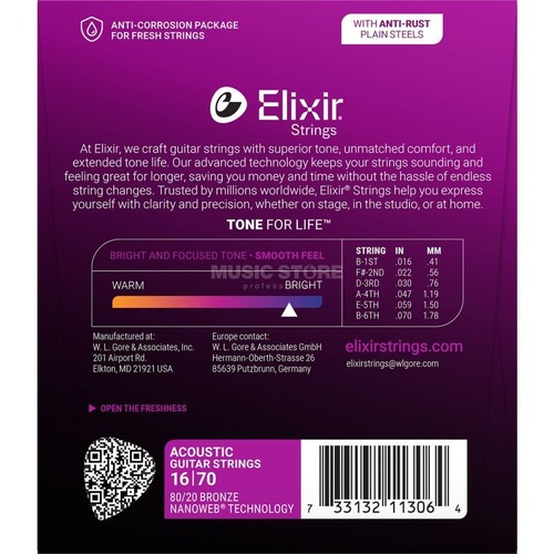 סט מיתרים לאקוסטית ELIXIR NANOWEB 11306 BARITONE 16-70