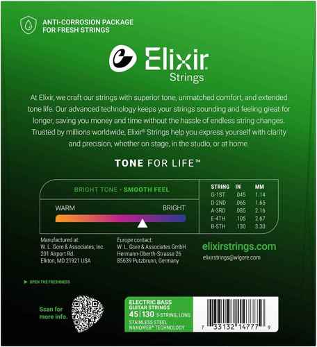 סט 5 מיתרים לבס ELIXIR 14777 NANOWEB STAINLESS STEEL 45-130