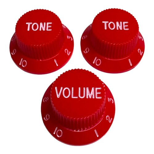 סט 3 כפתורים לגיטרה AX-L489508 AxLabs Strat-Style Knob Kit (3) - Red w/ White Font