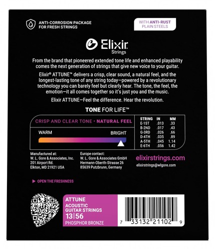 סט מיתרים לאקוסטית ELIXIR ATTUNE Phosphor Bronze 21102 13-56