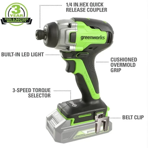 מברגת אימפקט Greenworks GD24ID3 Brushless עם בורר 3 מהירויות, תאורת LED מובנית, תפס ביטים מהיר ותפס חגורה