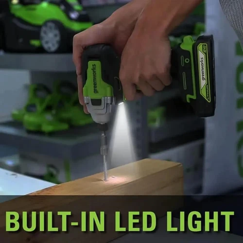 מברגת אימפקט Greenworks 24V עם תאורת LED מובנית המאפשרת הברגה מדויקת גם באזורי עבודה חשוכים ומוסתרים