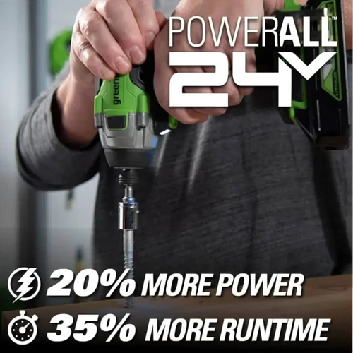 מברגת אימפקט Greenworks 24V מסדרת POWERALL עם מנוע Brushless המספק עוצמה גבוהה, זמן עבודה ממושך וביצועים מקצועיים