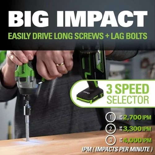 מברגת אימפקט Greenworks Brushless עם בורר 3 מהירויות המאפשר התאמת עוצמת העבודה להברגה של ברגים ואומי עץ ומתכת