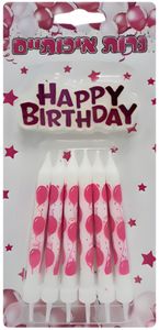 נרות יום הולדת HAPPY BIRTHDAY לעוגה - ורוד איורי בלונים