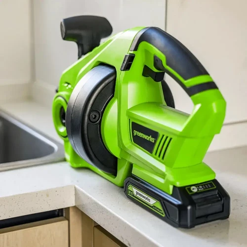 מכונת פתיחת סתימות Greenworks 24V עם סוללה נטענת, פתרון אלחוטי לפתיחת סתימות בכיורים וצנרת