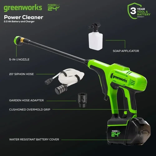 אקדח שטיפה בלחץ נטען Greenworks PC24B220CO 24V עם צינור שאיבה עצמי, בקבוק סבון וראש ריסוס 5 מצבים