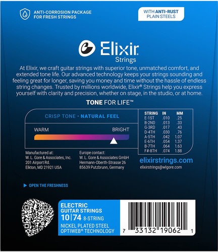 סט מיתרים לחשמלית 8 מיתרים ELIXIR OPTIWEB 19062 10-74