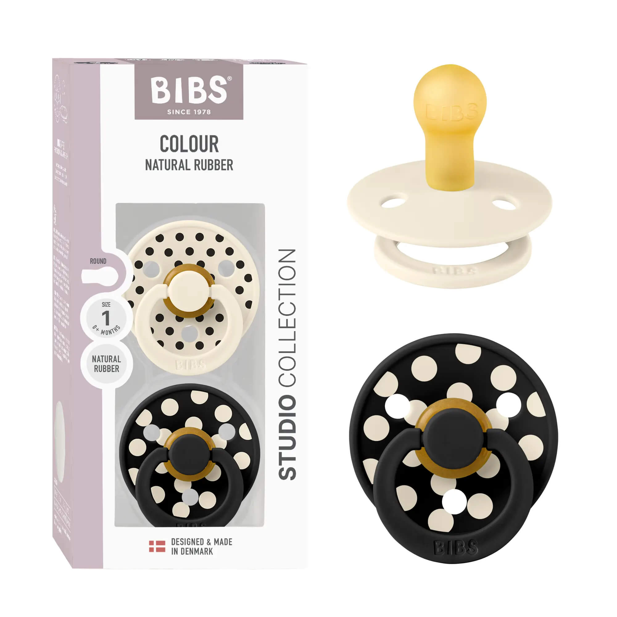 זוג מוצצי קולור לטקס עגולה STUDIO Polka שנהב/שחור מידה 1 BIBS 