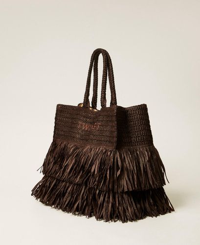 Raffia shopper bag with fringes