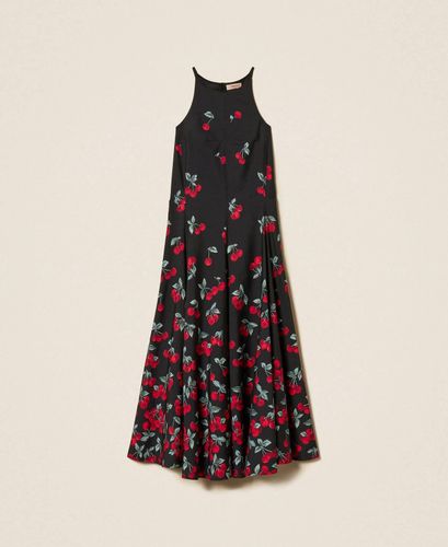 Long poplin dress with cherry print