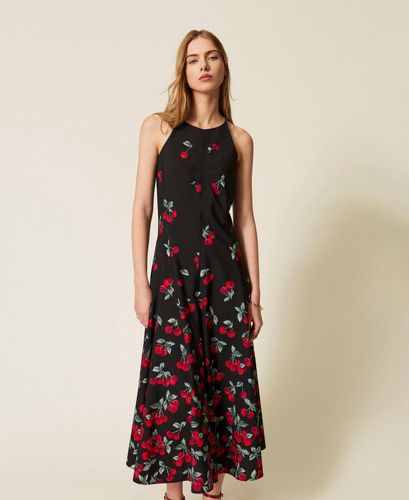 Long poplin dress with cherry print