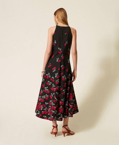Long poplin dress with cherry print