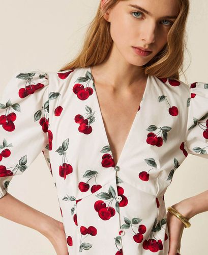 Short poplin dress with cherry print
