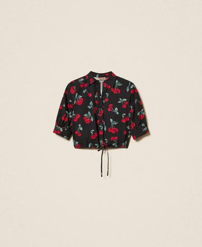 Cropped poplin shirt with cherry print