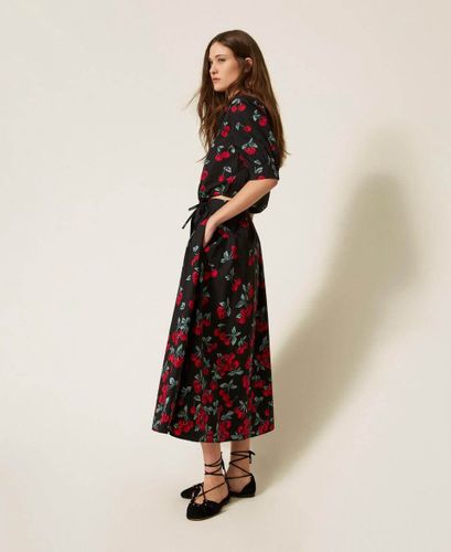 Long poplin skirt with cherry print