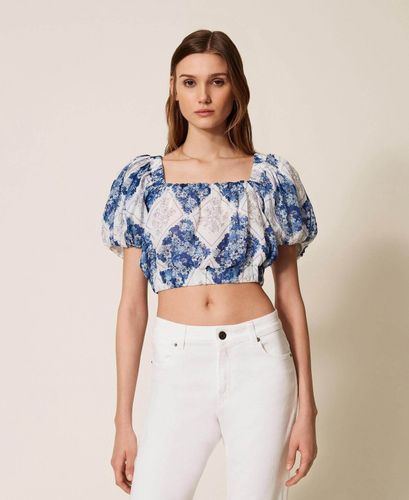 Cropped ramie blouse with floral print