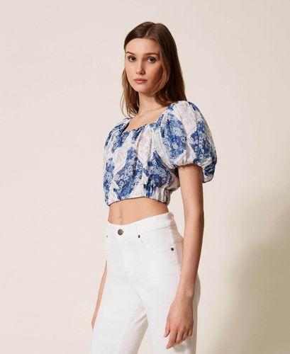 Cropped ramie blouse with floral print
