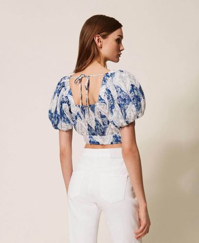 Cropped ramie blouse with floral print