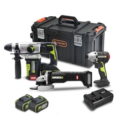 סט 20V WORX פטישון אימפקט ומשחזת כולל מטען ו- 4 סוללות 4 אמפר במזוודה