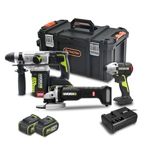 סט 20V WORX פטישון אימפקט ומשחזת כולל מטען ו- 4 סוללות 4 אמפר במזוודה