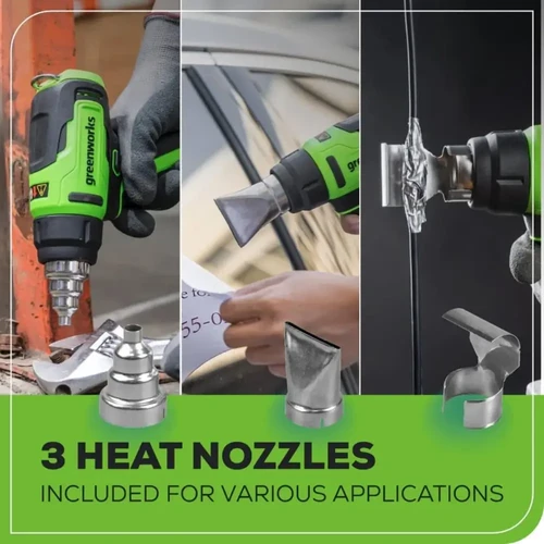 אקדח חום נטען Greenworks 24V כולל 3 פיות עבודה ייעודיות למגוון יישומים מקצועיים וביתיים כגון הפשרת צבע, כיווץ והלחמה עדינה