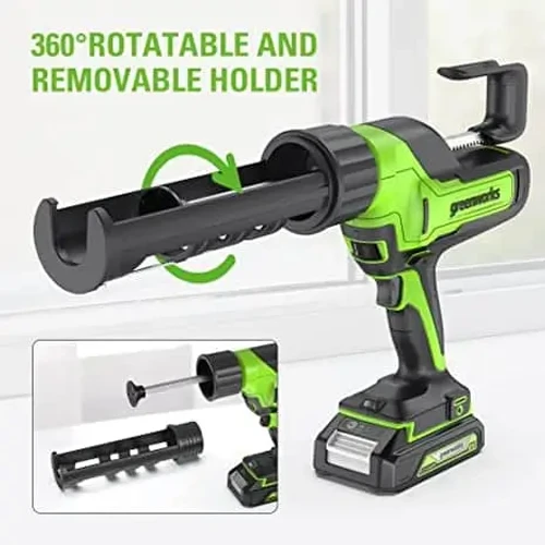 אקדח סיליקון נטען Greenworks 24V עם מחסנית סיליקון סטנדרטית ומחזיק מסתובב 360 מעלות לעבודה נוחה בכל זווית