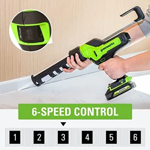 אקדח סיליקון חשמלי Greenworks עם 6 דרגות מהירות מתכווננות לשליטה מדויקת בקצב הזרמת הסיליקון והדבק