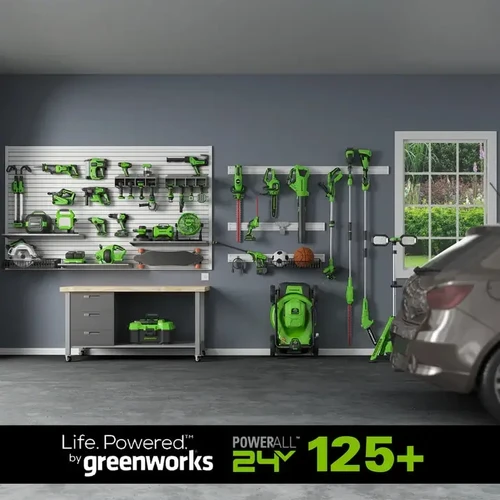 מערכת Greenworks POWERALL 24V עם מגוון רחב של כלי עבודה וכלי גינה נטענים, כולם פועלים על אותה סוללת 24V משותפת לנוחות וחיסכון בעלויות