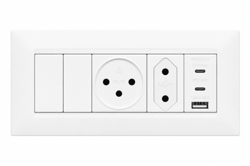 2 מפסק יחיד + 1 שקע + שקע דו פיני + שקע USB 20w לקופסא 6 – קומפלט – ניסקו סוויץ’