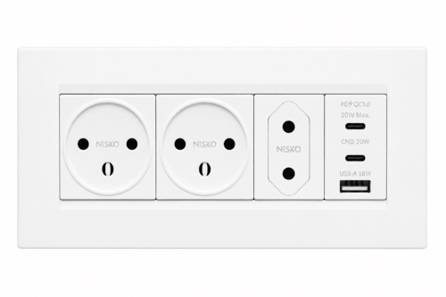 2 שקע + שקע דו פיני + שקע USB 20w לקופסא 6 – קומפלט – ניסקו סוויץ’