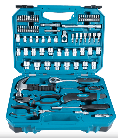 סט כלי עבודה ידניים Makita E-10899 כולל 76 חלקים ביטים בוקסות ראצ׳ט פליירים פטיש וסכין