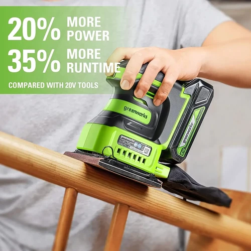 מלטשת רוטטת מרובעת Greenworks 24V משייפת מעקה עץ לקבלת גימור חלק ואחיד עם שק איסוף אבק מובנה