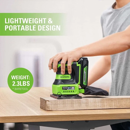 מלטשת מרובעת Greenworks 24V עם שק איסוף אבק נשלף לשמירה על סביבת עבודה נקייה והחלפת שק מהירה ונוחה