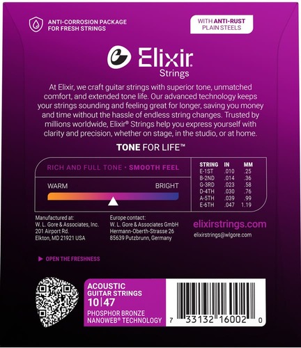 סט לאקוסטית ELIXIR 16002 NANO Phosphor Bronze 10-47